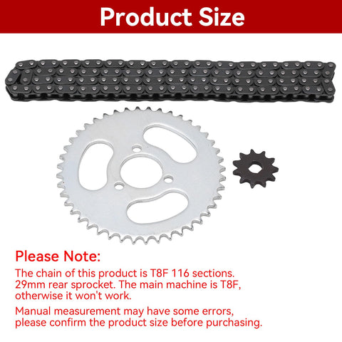 Beefed Up High Power Steel T8F Chain And Sprocket Kit with 44T rear sprocket and chain for mini bikes and go-karts