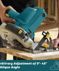 Enventor 7-1/4-inch circular saw with blue housing, laser guide, dual blades (40T/24T) - side view.