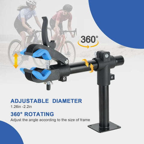 Close-up of adjustable clamp showing 360° rotation on Bike Repair Wall Mount Stand With Adjustable Clamp For Road And Mountain Bikes Heavy Duty Bicycle Rack Hanger For Garage Or Home Workshop Sturdy Wall Mount Workstand For Easy Maintenance And Quick Repairs
