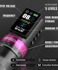Close-up of control panel and features on Wireless Tattoo Gun Kit With 2300mAh Batteries, 7 Adjustable Stroke Rotary Machine.