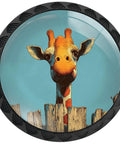 Giraffe Peeking Over Fence Kitchen Cabinet Knobs Four Pack Round Drawer Pulls For Dresser Cupboard Doors, crystal glass top