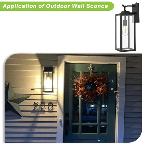 18 Inch Outdoor Wall Light With Dusk To Dawn Sensor, illuminating porch beside decorated green door