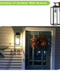 18 Inch Dusk To Dawn Outdoor Wall Lanterns Matte Black Porch Lights Exterior Lighting Architectural Sconces ETL Listed 2 Pack With Photocell Sensor No Fuss Auto On Off illuminating a front porch
