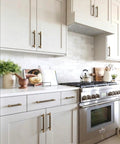Modern kitchen with 10 Pack Antique Brass Knurled Cabinet Pulls 5 Inch 128mm Kitchen Cabinet Handles on white cabinets