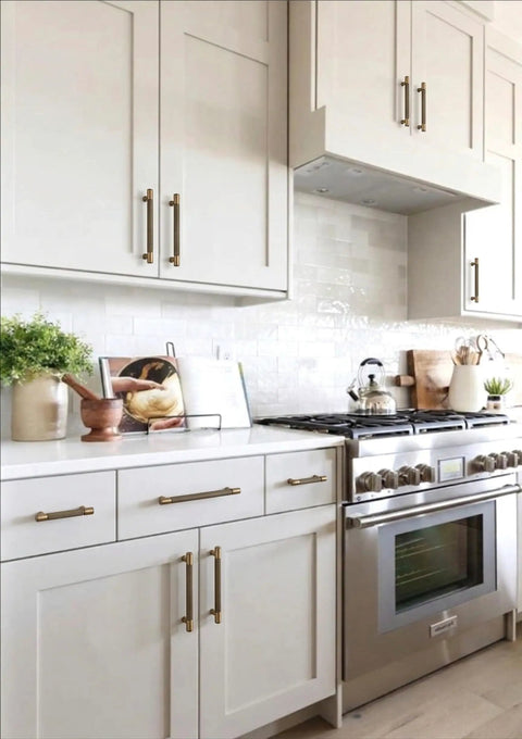 Modern kitchen with 10 Pack Antique Brass Knurled Cabinet Pulls 5 Inch 128mm Kitchen Cabinet Handles on white cabinets
