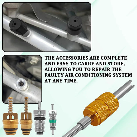 17 Piece Air Conditioning Valve Core Kit With Valve Cores And Accessories For R12 R134a Sealing Covers, kit components displayed