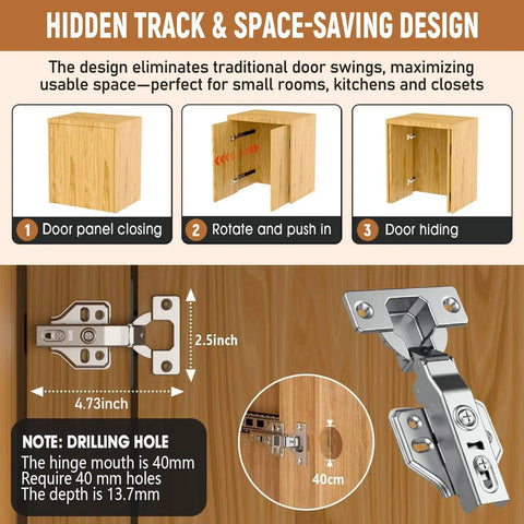Diagram showing the Pocket Door Kit With Inset Sliding Hardware For Hidden Cabinets 14 Inch Pocket Door System installation steps.