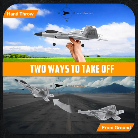 F22 Raptor RC Plane With 4 Channel Easy To Fly System, LED Lights, 6 Axis Gyro Stabilization, Two Takeoff Methods Illustrated