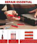 Real Deal 144 Piece Red Home Tool Set With Tough Plastic Carry Case And Essential Household Hardware Kit Featuring A Sturdy Claw Hammer Plus Assorted Screwdrivers For Apartment Garage Diy Fixes, showing screwdrivers and bit driver.