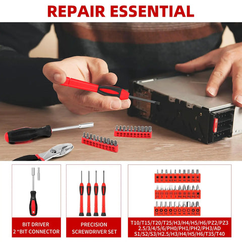 Real Deal 144 Piece Red Home Tool Set With Tough Plastic Carry Case And Essential Household Hardware Kit Featuring A Sturdy Claw Hammer Plus Assorted Screwdrivers For Apartment Garage Diy Fixes, showing screwdrivers and bit driver.