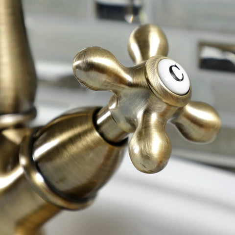 Close-up of handle on Heritage 4 Inch Plate Vessel Sink Faucet Deck Mount Brushed Nickel With Two Handles Drip Free Ceramic Cartridge