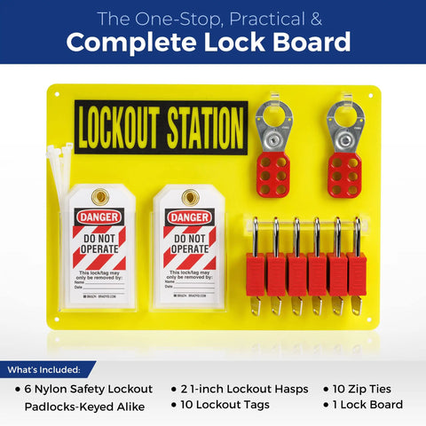 Lockout Tagout Station Kit With Loto Devices, 6 Keyed Alike Safety Lock Set, Padlock Hasps, 10 Do Not Operate Tags, Easy Mount Lockout Board, Yellow Safety Station for Fast Shutdown and Compliance displayed.