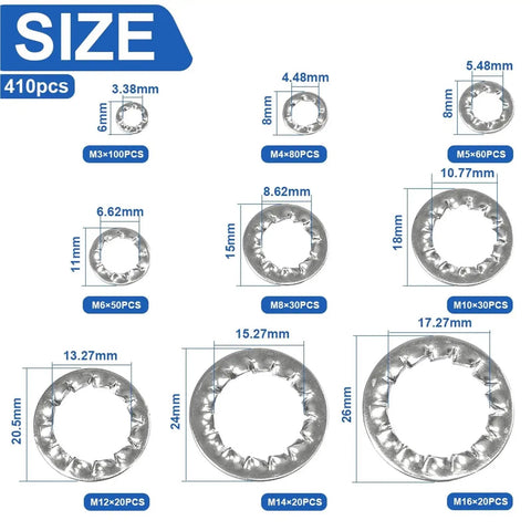 Internal Star Tooth Lock Washers Assortment Kit Featuring 410 And 820 Pieces Hardened Steel Construction Size Chart
