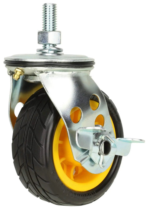 Hardcore Durable 4 X 2 Inch Wide Caster Wheels With Parking Brake 2 Pack angled view with yellow wheel and metal housing.