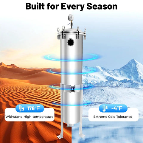 Beefy 304 Stainless Steel Bag Filter Housing, 2 Inch NPT Inlet Outlet, high pressure system in desert and snow backdrop