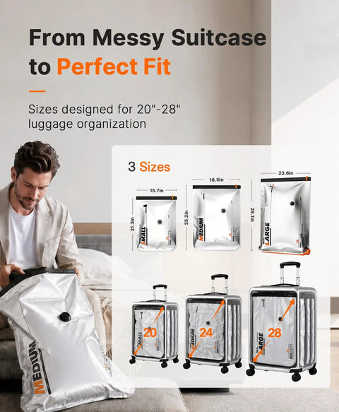 Man using 15 Pack Travel Vacuum Storage Bags With Dual Power Pump For Clothes Space Saver Compression Bags For Carry On Luggage And Suitcases Rechargeable Battery And USB Powered