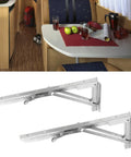Beefy Foldable Wall Shelf And Bench Table Bracket Heavy Duty Stainless Steel Mount For Garage Kitchen RV Ultra Sturdy 280kg Load Capacity Space Saving Storage Solution, showing brackets and installed RV table.