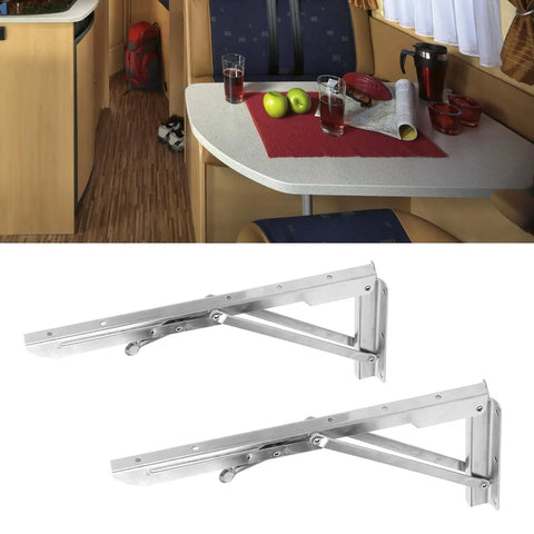 Beefy Foldable Wall Shelf And Bench Table Bracket Heavy Duty Stainless Steel Mount For Garage Kitchen RV Ultra Sturdy 280kg Load Capacity Space Saving Storage Solution, showing brackets and installed RV table.