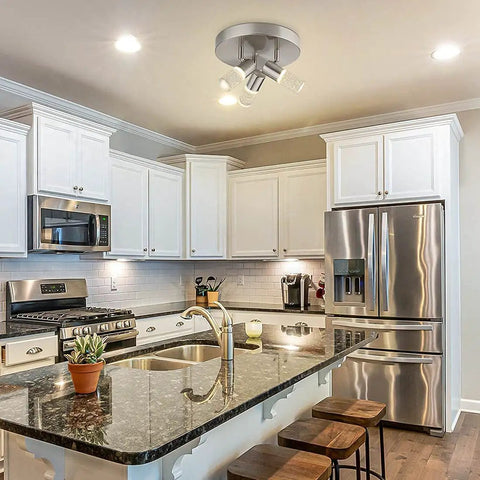 Three Light Semi Flush Mount LED Ceiling Light With Directional Heads, Dimmable 4000K 15W, in kitchen setting