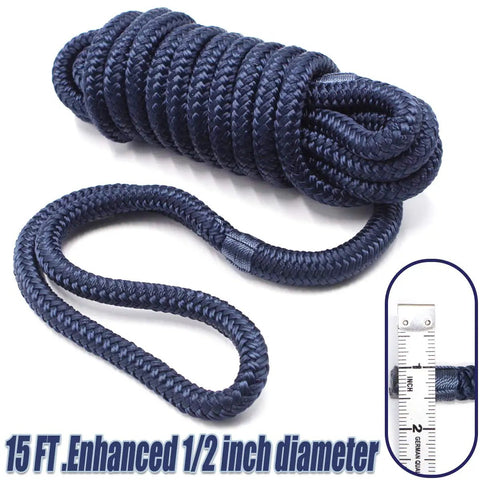 Rock Solid 1/2 Inch X 15 Feet Dock Lines Navy Blue 4 Pack Marine Grade Double Braided Nylon Boat Rope Heavy Duty Mooring Cord Snap Guard Eyelets Salt Water And UV Resistant Tug Line For Boats