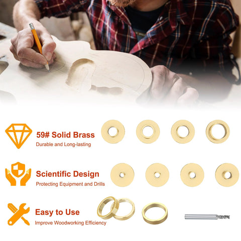 13-piece brass router template bushing set with centering cone, arranged beside wood carving.