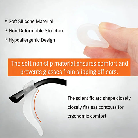 Soft Silicone Eyeglass Ear Hooks 10 Pairs Clear Anti Slip Grips held with fingers with ergonomic contour diagram