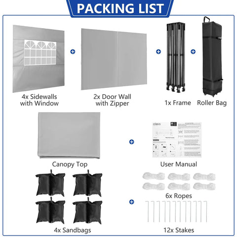 Packing list of Beefed Up 10x20 Pop Up Canopy Tent With Six Sidewalls And Thickened Frame For Outdoor Weddings And Parties, Easy Up Event Shelter, All Season Waterproof And Windproof, Includes Stakes, Sandbags, Ropes And Roller Bag, White.