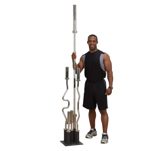 Olympic Bar Storage Rack For 5, 6, And 7 Foot Bars, Durable Satin Black Stand With Bars and Person Posing