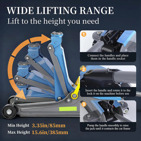 Image illustrating the 2.5 Ton Floor Jack With Portable Carrying Handle, Reflective Strip, Low Profile Hydraulic Lift From 3.35 In To 15.16 In.