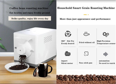 Electric Coffee And Nut Roaster Machine 1600 Watt Automatic Stirring Non Stick Pan with coffee beans and cup.
