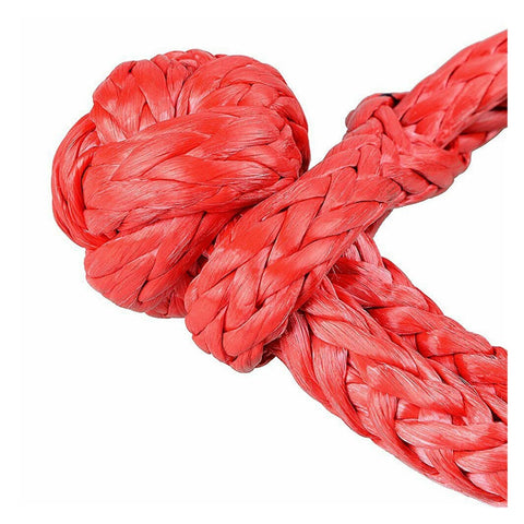 Close-up of red woven 4x4 Recovery Soft Shackle Set 2 Pack With Protective Sleeve And Floats Flexible Synthetic Cable