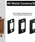 Universal Door Strike Plate Shim Forged From Black Hardened Stainless Steel Boasts Rock Solid Grip And Snappy Lock Alignment With Three Tunable Thickness Levels To Securely Tighten Wobbly Doors For Pro Fixes, showing three shims of varying thickness.