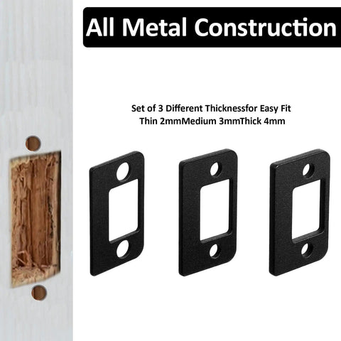 Universal Door Strike Plate Shim Forged From Black Hardened Stainless Steel Boasts Rock Solid Grip And Snappy Lock Alignment With Three Tunable Thickness Levels To Securely Tighten Wobbly Doors For Pro Fixes, showing three shims of varying thickness.