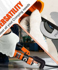 10 Ton Hydraulic Battery Cable Crimper With 9 Dies And Dual Blade Weir Cutter; hand using crimp tool with gloves in workshop setting.