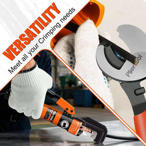 10 Ton Hydraulic Battery Cable Crimper With 9 Dies And Dual Blade Weir Cutter; hand using crimp tool with gloves in workshop setting.