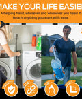 EZPIK Pro 43-inch foldable grabber reacher with orange trigger; indoor laundry room use and outdoor bottle grabbing.