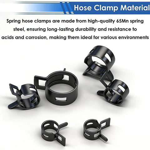 Five black 65Mn steel spring hose clamps from Eight Size Spring Hose Clamp Kit 7 To 18mm with constant tension band clamps.