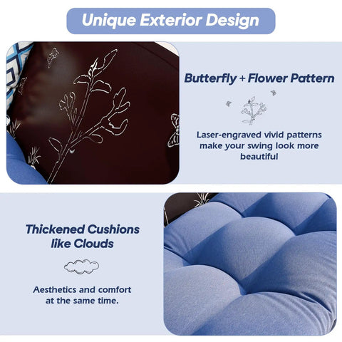Close-up of blue thickened cushions and engraved flower pattern of the Three Seat Metal Porch Swing with 900 Lbs Capacity.