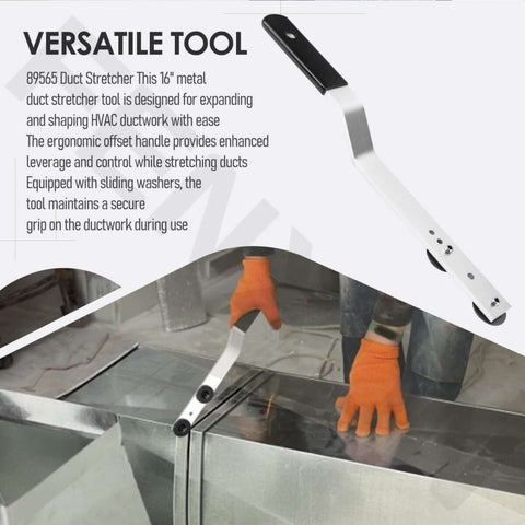 16 Inch Duct Stretcher Tool For HVAC Ductwork Alignment With Offset Handle And Sliding Washers, heavy duty metal tool being used