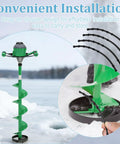 4 Pcs Rubber Guard Straps For Ice Drill Blades seen on green power ice auger with blade protectors installed, winter ice fishing gear in use.