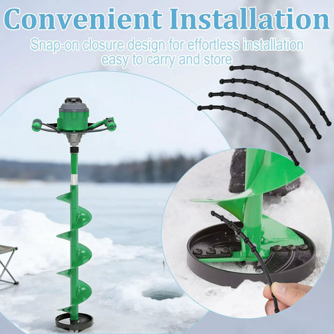 4 Pcs Rubber Guard Straps For Ice Drill Blades seen on green power ice auger with blade protectors installed, winter ice fishing gear in use.