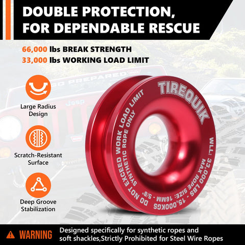 Red snatch ring of Soft Shackle Winch Recovery Ring Kit Orange Offroad Gear Half Inch By Twenty Two Inch With 60,600 Lbs Breaking Strength