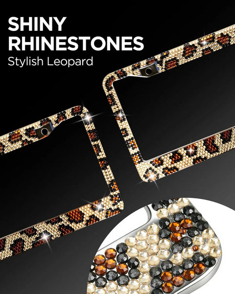 Leopard License Plate Frame Set For Women, Rhinestone Diamond Bling Aluminum Chrome Car Frames with leopard print and crystals.