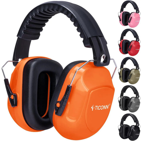 Bright Orange Adjustable Safety Earmuffs For Adults With Real Talk Comfort And Hearing Protection Noise Reduction NRR 26dB For Construction Work And Loud Environments Durable Over Ear Muffs For Shooters And Builders, different color options displayed, showing ergonomic design and cushioned headband.