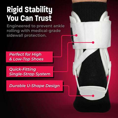 Rigid U Shaped Ankle Brace For Sprained Ankles Medium White Left Or Right Foot Fits Men 7 To 10 And Women 8 To 11 Lightweight EVA Padding Adjustable Brace For Volleyball And Cheerleading Game Day Ready Maximum Stability During Play, shown on leg with white strap and black sleeve, highlights single-strap system and u-shape design.