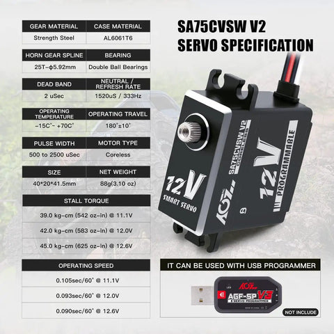 Image showing the specifications and design of the Waterproof 45Kg Beefy Torque RC Servo 12V Programmable Metal Gear Coreless Digital Smart Servo For One Eighth And One Tenth RC Cars And Trucks Control Angle 180 Degrees SA75CVSW V2.