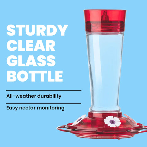 Ruby Red Hummingbird Feeder With Four Flower Shaped Feeding Ports Glass Outdoor Bird Feeder 10 Ounce Nectar Capacity Built In Ant Moat