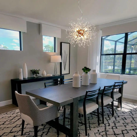 Dining room with Eight Light Gold Crystal Firework Dandelion Chandelier With Modern Semi Flush Mount Ceiling Light Fixture For Living Room Dining Room Bedroom Kitchen Island Dimmable G9 Base Bulbs Not Included