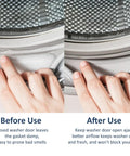 Comparison of washing machine door before and after using Magnetic Front Load Washer Door Prop and Holder for better ventilation.