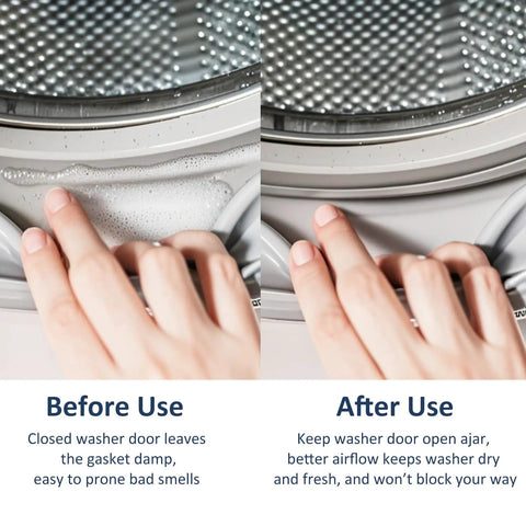 Comparison of washing machine door before and after using Magnetic Front Load Washer Door Prop and Holder for better ventilation.